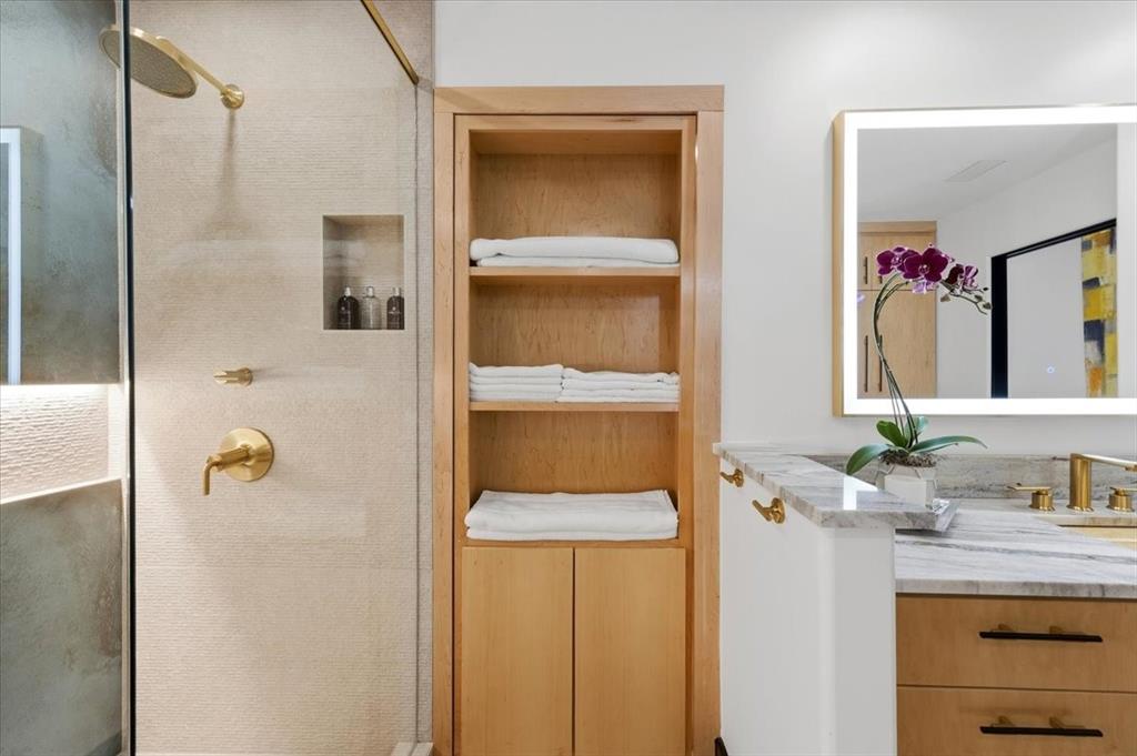 308 North Broadway Road Azle, TX 76020 - Photo 15 of 31 Guest Bathroom -Hidden Security Room- featuring a walk-iin shower with gold-toned fixtures and a tiled wall niche, a built-in wooden storage unit with shelves and cabinetry, a vanity with a light-colored countertop, and a mirrored cabinet with integrated lighting
