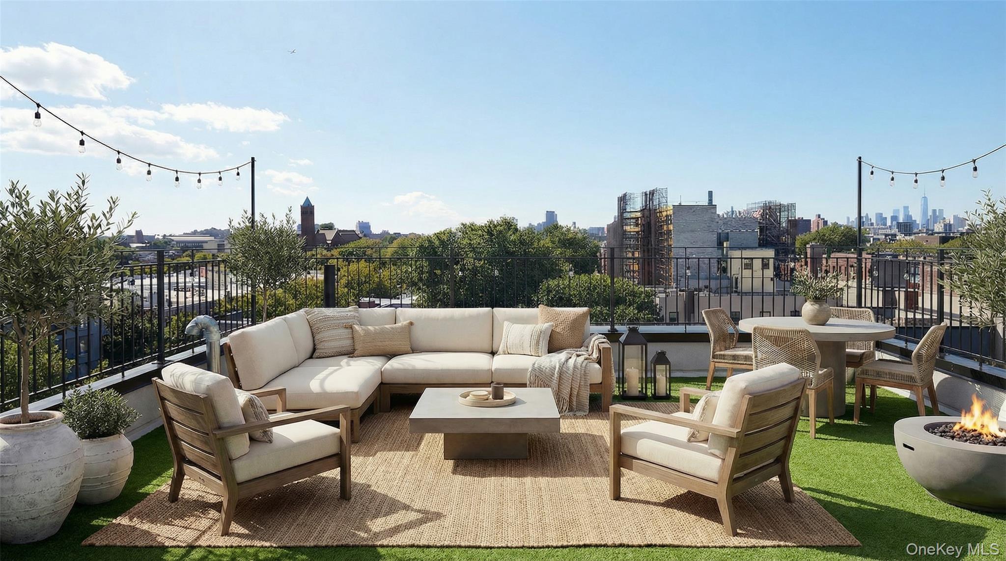 a roof deck with couches and potted plants