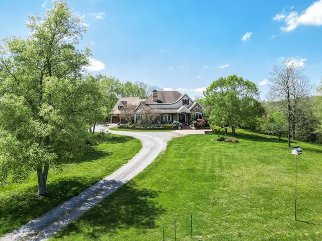 a view of a house with a big yard potted plants and large tree