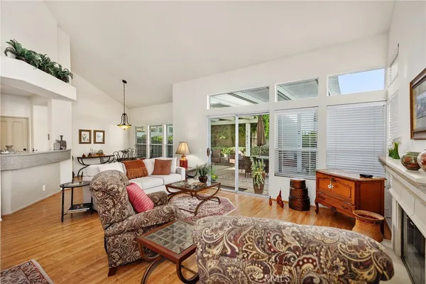a living room with furniture and a table