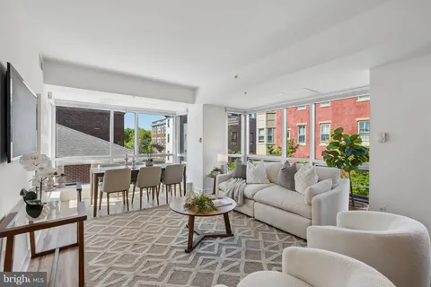 a living room with furniture potted plant and a large window