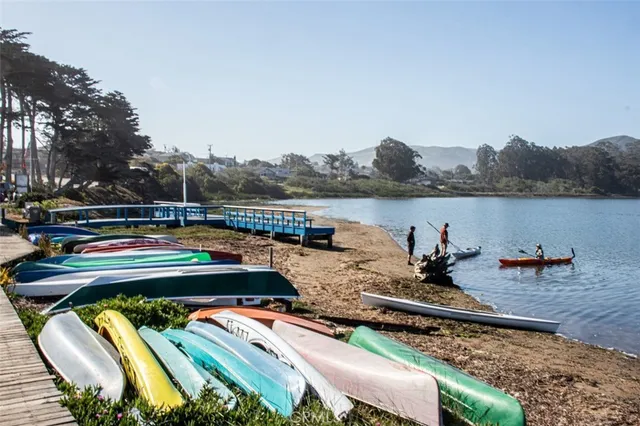 a view of a swimming pool and lounge chairs