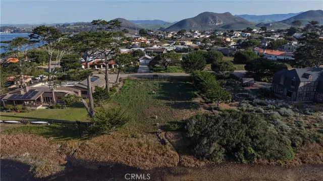 a view of a town with mountains in the background