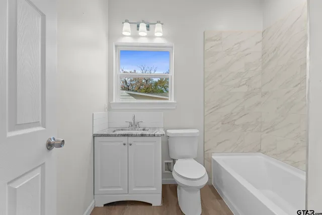 a bathroom with a toilet a sink and bathtub