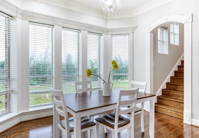 a view of a dining room with furniture window and wooden floor