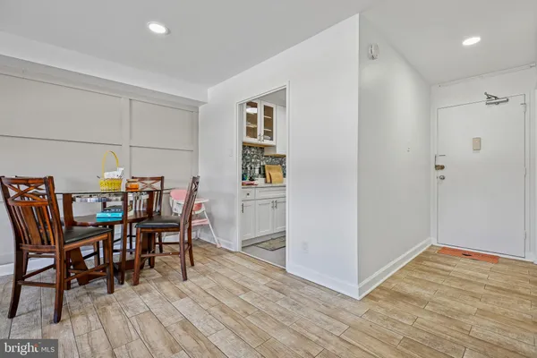 a view of a dining room with furniture