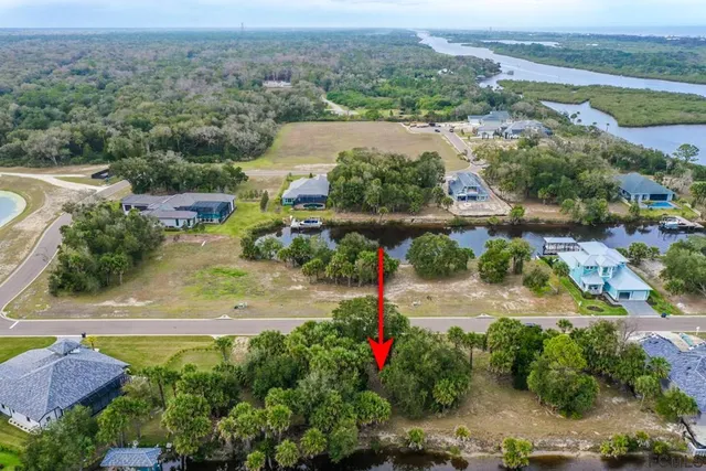 an aerial view of residential houses with outdoor space and trees