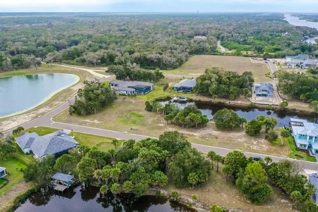 an aerial view of residential houses with outdoor space and lake view