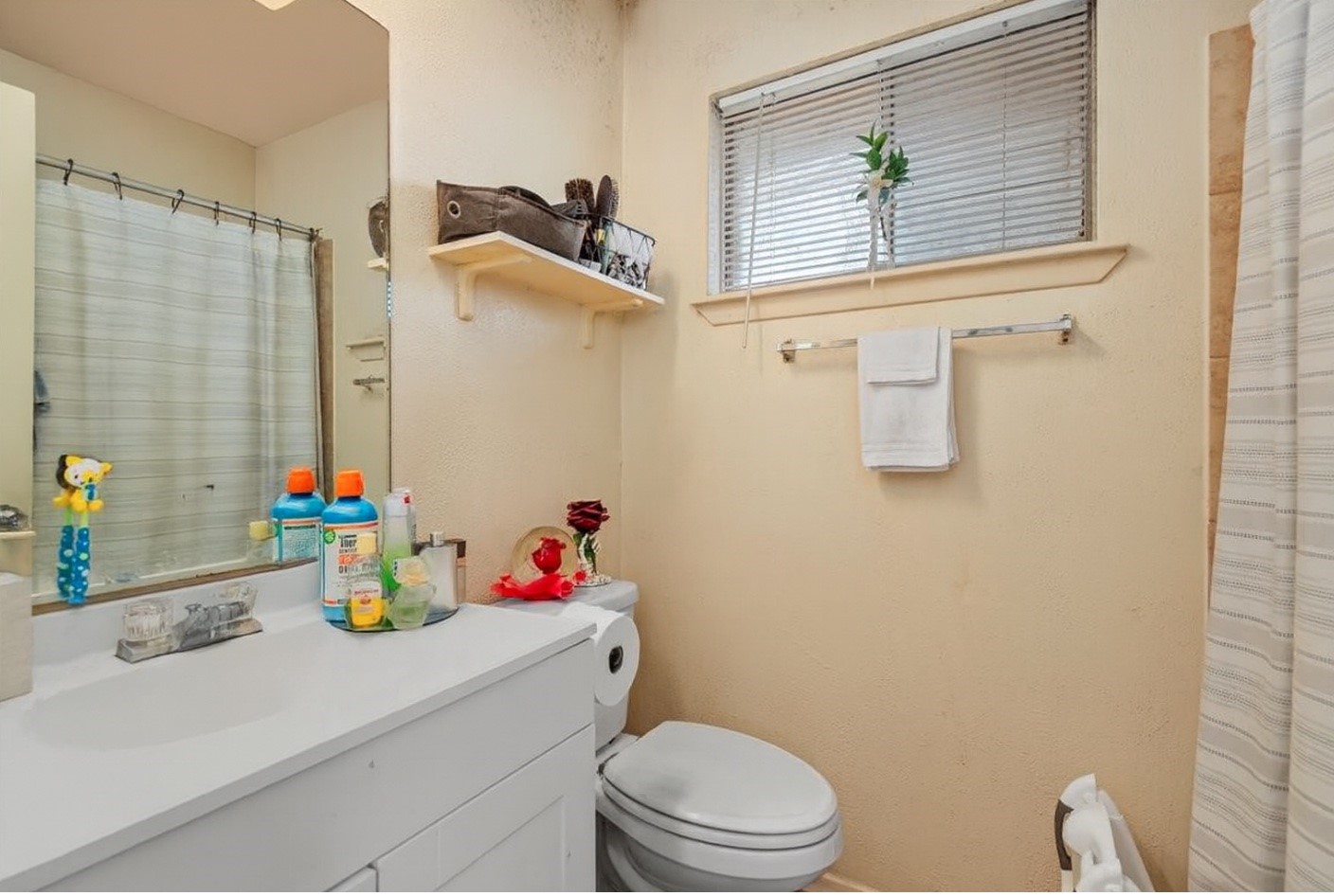7510 Bubbling Spring Lane Houston, TX 77086 - Photo 9 of 18 a bathroom with a sink a toilet and a shower curtain