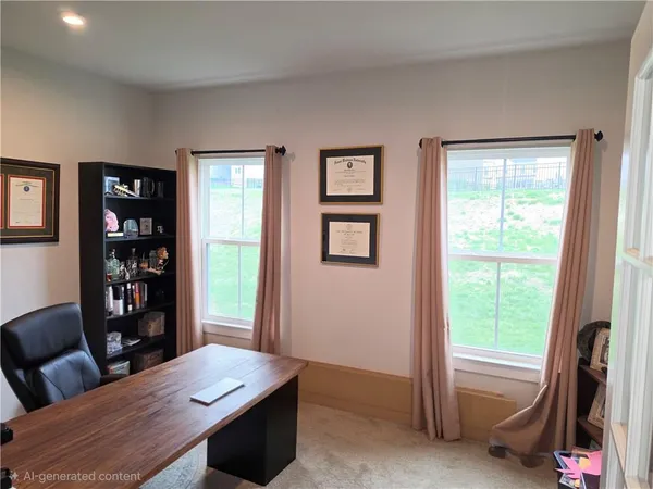 a view of a workspace with furniture and a window