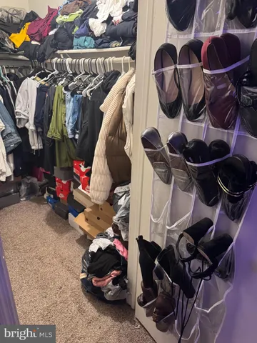 a view of walk in closet with clothes and shoes