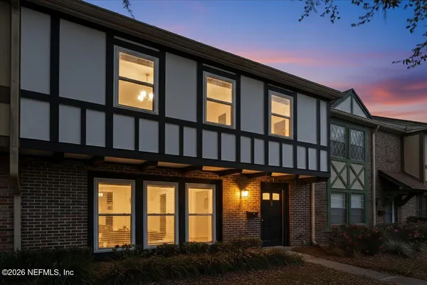 a view of a building with a large window