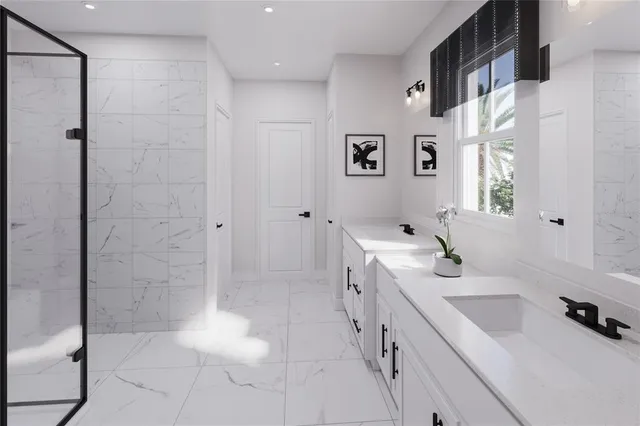 a bathroom with a double vanity sink a toilet and shower