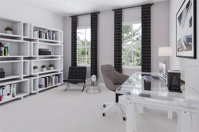 a living room with furniture cabinets and a book shelf