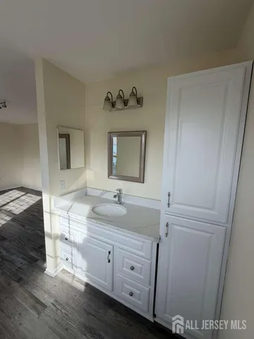 a bathroom with a sink and a mirror