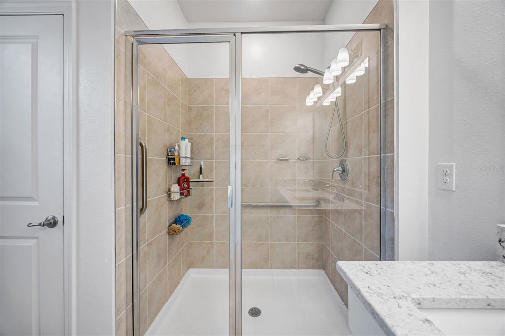 7882 Lennox Loop Wesley Chapel, FL 33544 - Photo 40 of 58 a bathroom with a granite countertop shower a sink and a mirror