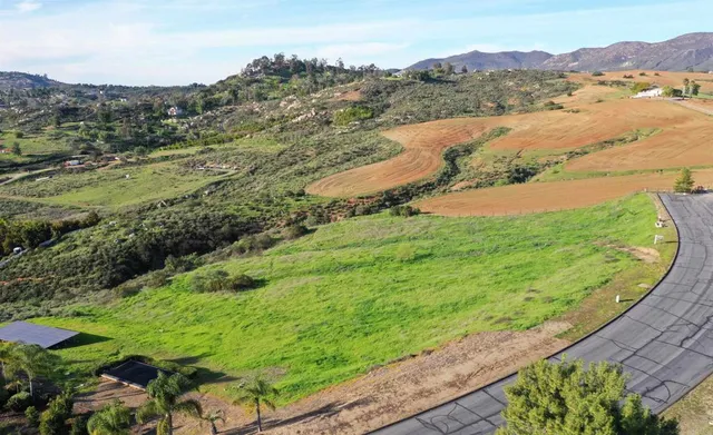 an aerial view of residential houses with outdoor space and trees all around