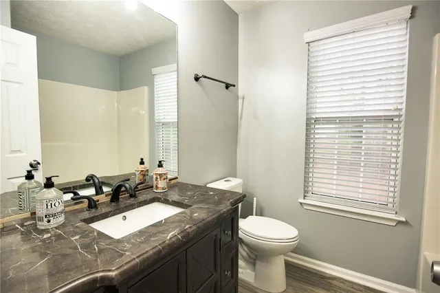 a bathroom with a granite countertop sink toilet and mirror