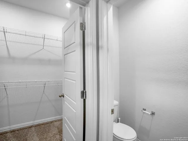 a bathroom with a shower and toilet