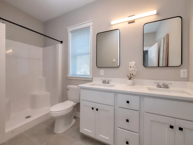 a bathroom with a double vanity sink toilet mirror and shower