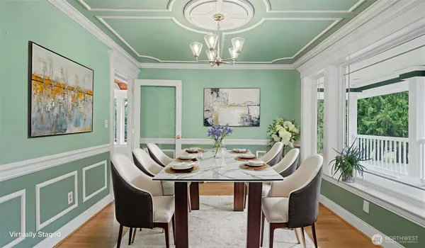 a view of a dining room with furniture window and outside view