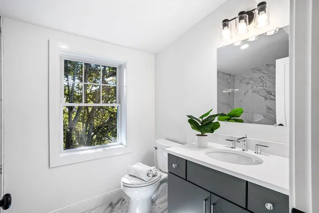 a bathroom with a sink toilet and mirror
