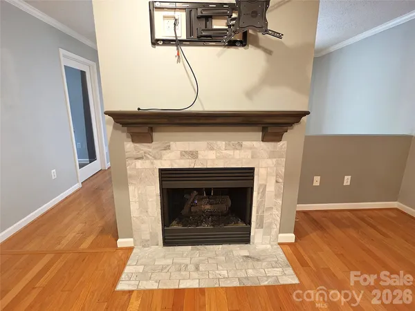 a living room with a fireplace