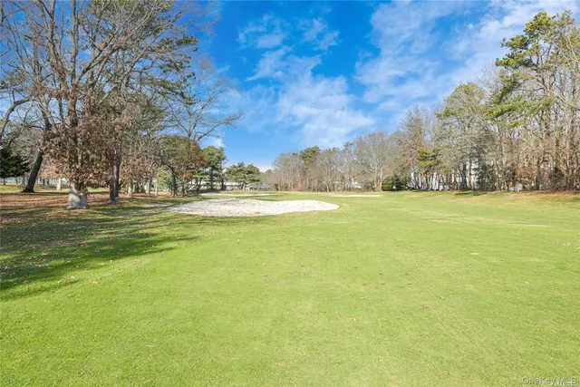 a view of a green field with trees in the background