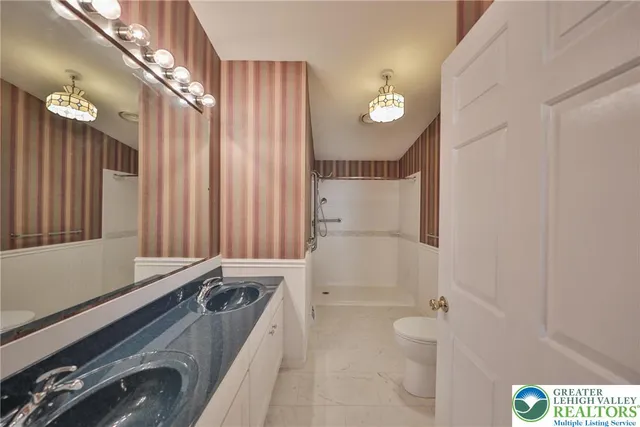 a bathroom with a sink a toilet and a shower