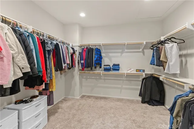 a view of walk in closet with clothes and shoes