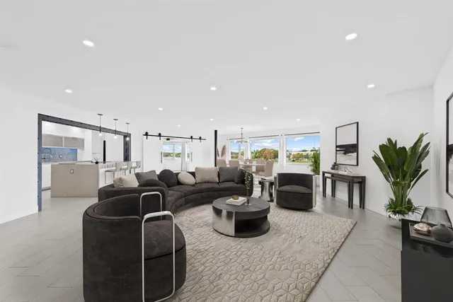 a living room with furniture potted plant and kitchen view