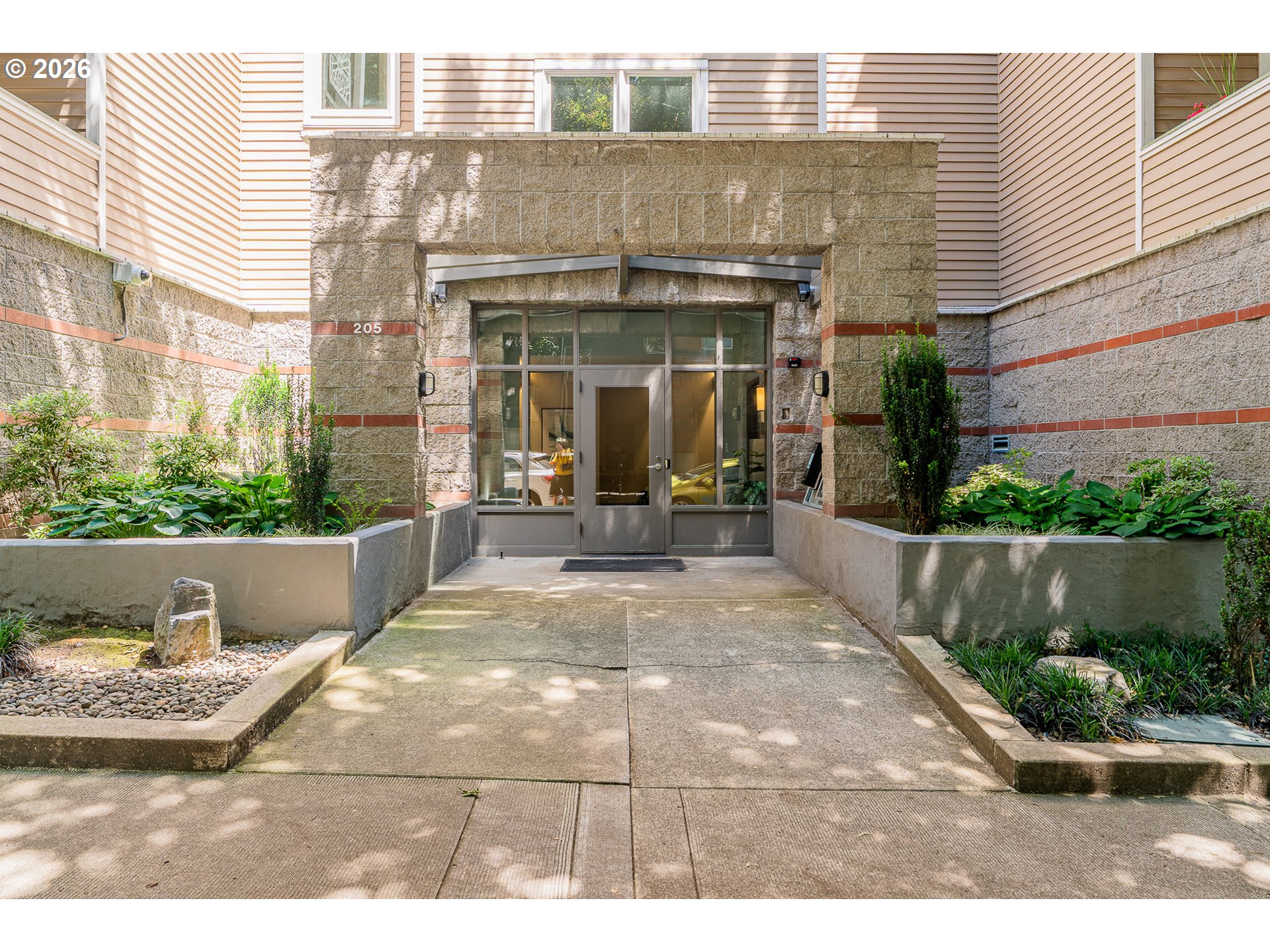 a view of a building from a patio