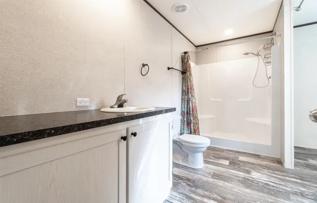 a bathroom with a granite countertop sink toilet and shower