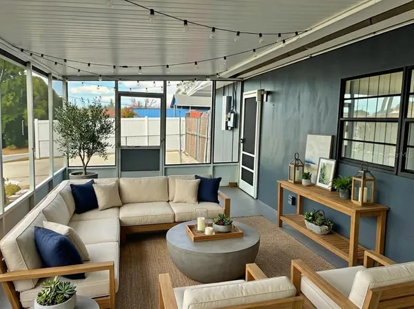 a living room with furniture and a floor to ceiling window