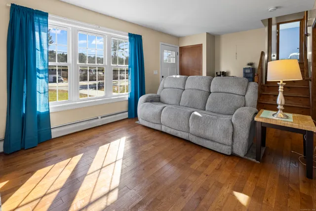 a living room with furniture and a wooden floor