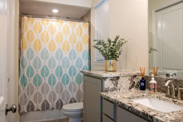 a bathroom with a granite countertop sink a toilet and a mirror