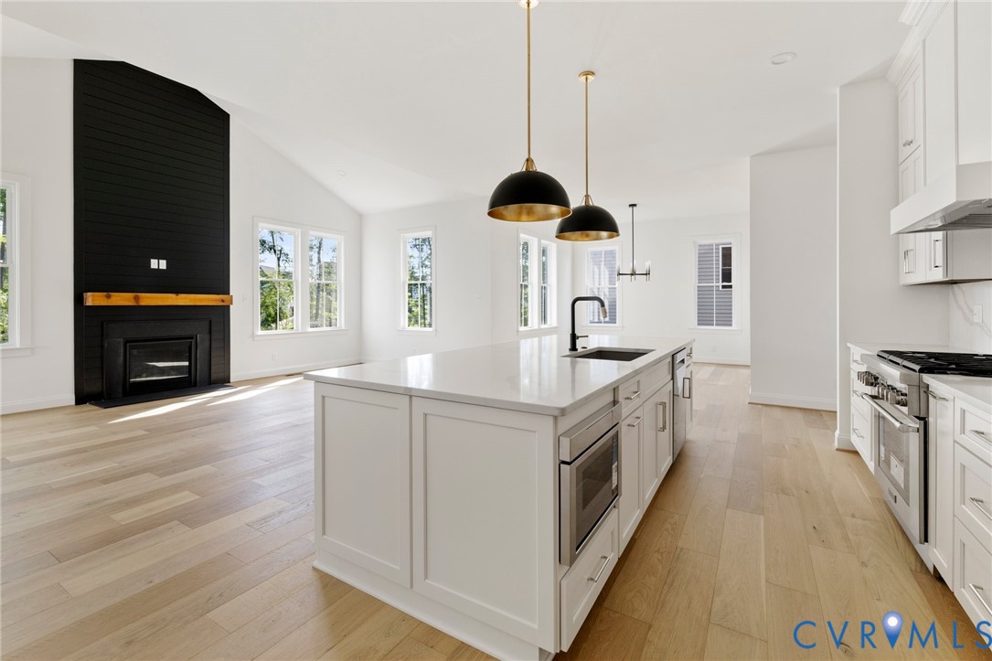 4624 Lake Summer Loop Moseley, VA 23120 - Photo 20 of 36 a large kitchen with stainless steel appliances a large counter top a stove a sink and a fireplace