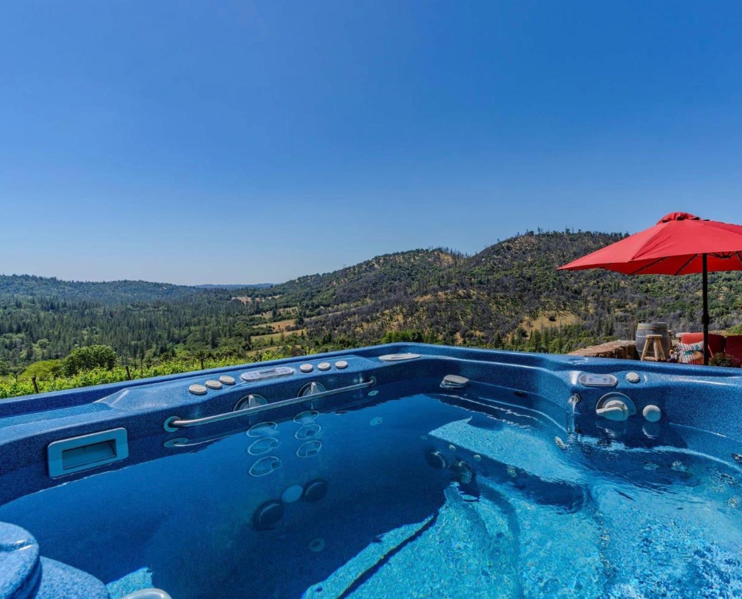 7201 Happy Valley Road Somerset, CA 95684 - Photo 43 of 75 Outdoor spa featuring a blue interior finish, integrated controls, and a scenic backdrop of rolling, tree-covered hills. This is a spa that is super deep and made for exercising. Imagine having this view as you work out.