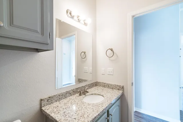 a bathroom with a granite countertop sink and a mirror