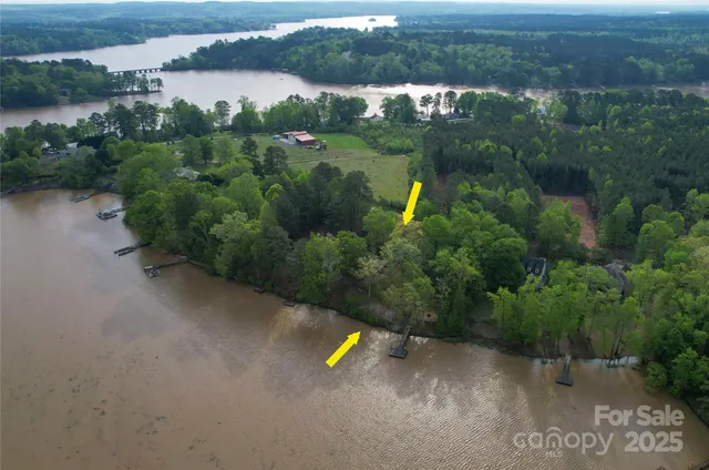 an aerial view of a house with a yard and lake view