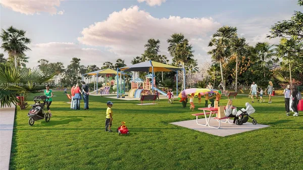 a view of a park with swings