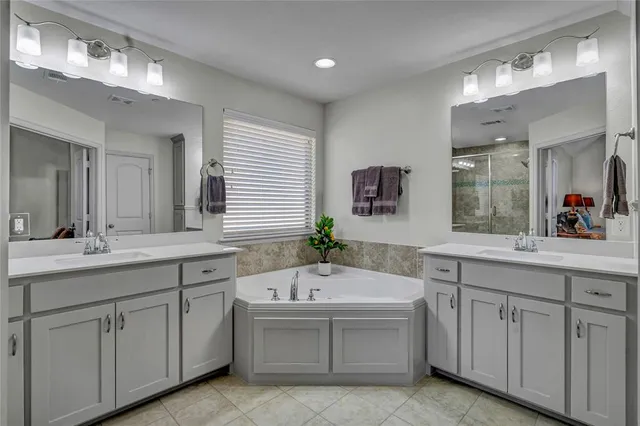 a bathroom with a tub a sink double vanity and a mirror