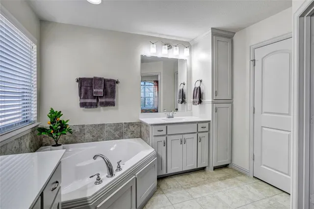a bathroom with a tub sink and mirror