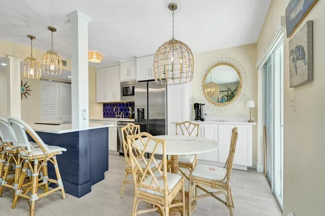 a view of a dining room with furniture