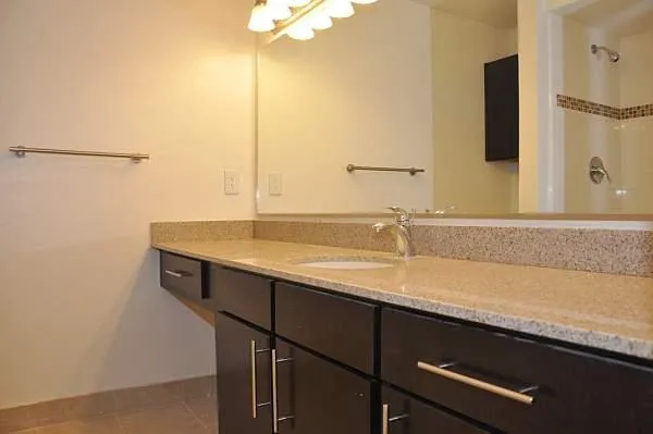 a bathroom with a sink and a mirror