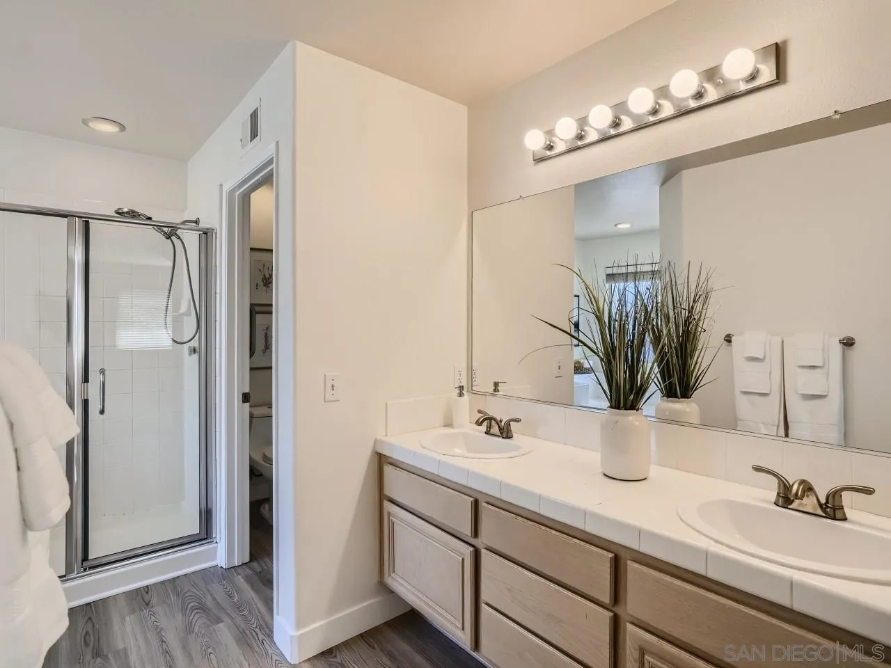 8515 Mesa Heights Road Santee, CA 92071 - Photo 19 of 28 a bathroom with a double vanity sink a mirror and shower