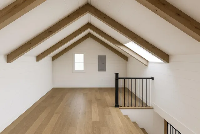 a view of a hallway with wooden floor and fence