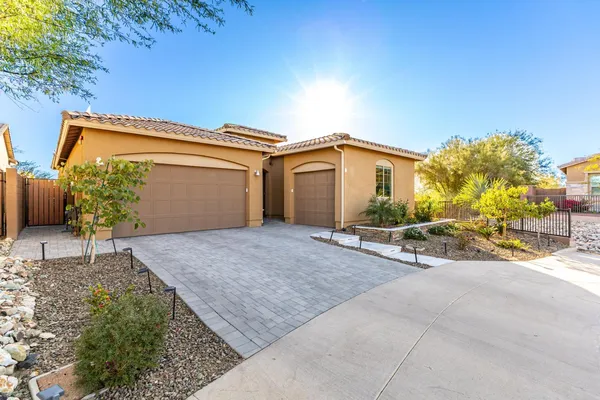 front view of a house with a patio