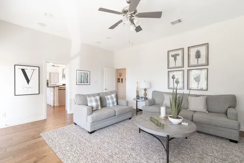 a living room with furniture and a rug