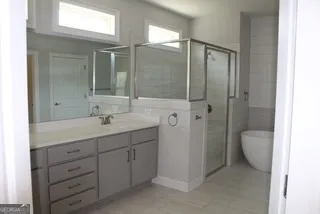 a bathroom with a double vanity sink a toilet and a shower